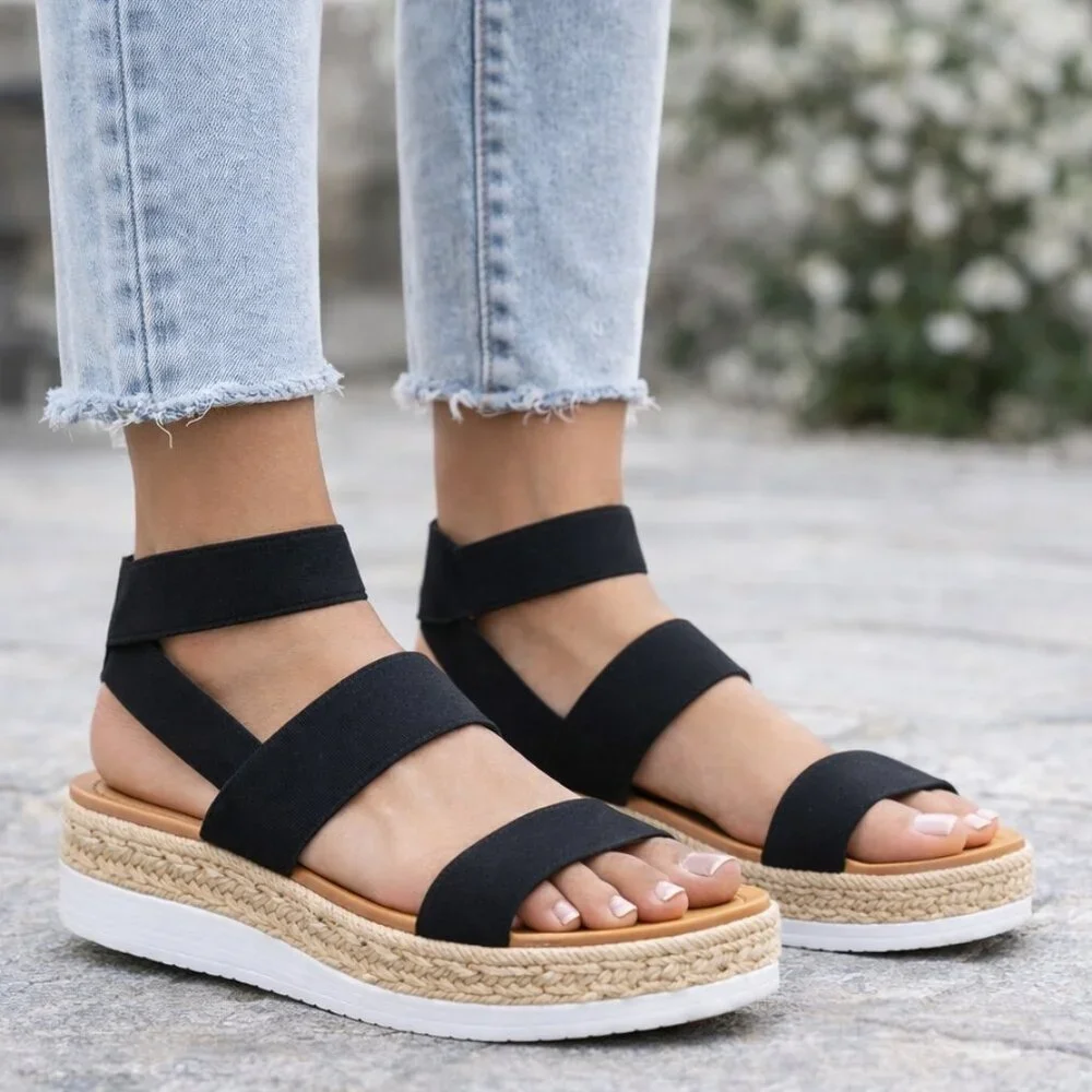 Madden Girl Bree Black Espadrille Platform Sandals | Women's Size 9 M